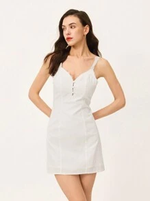 Poéselle Vestido camiseta de mujer casual de color liso con ribete de encaje