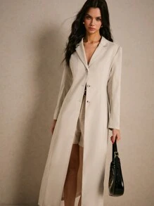 Poéselle 女士纯色缺口领长袖休闲长款西装外套，优雅米色长款外套，秋冬 - 杏色 - 查看 7