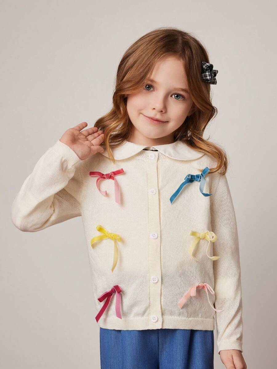 PrepCrw Young Girls White Knit Loose Fit Round Neck Cardigan, Navy Vacation Style, Spring & Summer - White - View 1