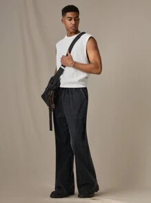 SWAVVY Men's Standard Size Fashionable Casual Distressed Washed Textured Splicing Loose Wide Leg Straight Fit Pants, Dark Gray