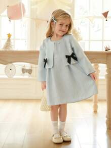 SHEIN Young Girl Front Button Long Sleeve Bow Decor Simple Jacket And Dress Set - Blue - View 4