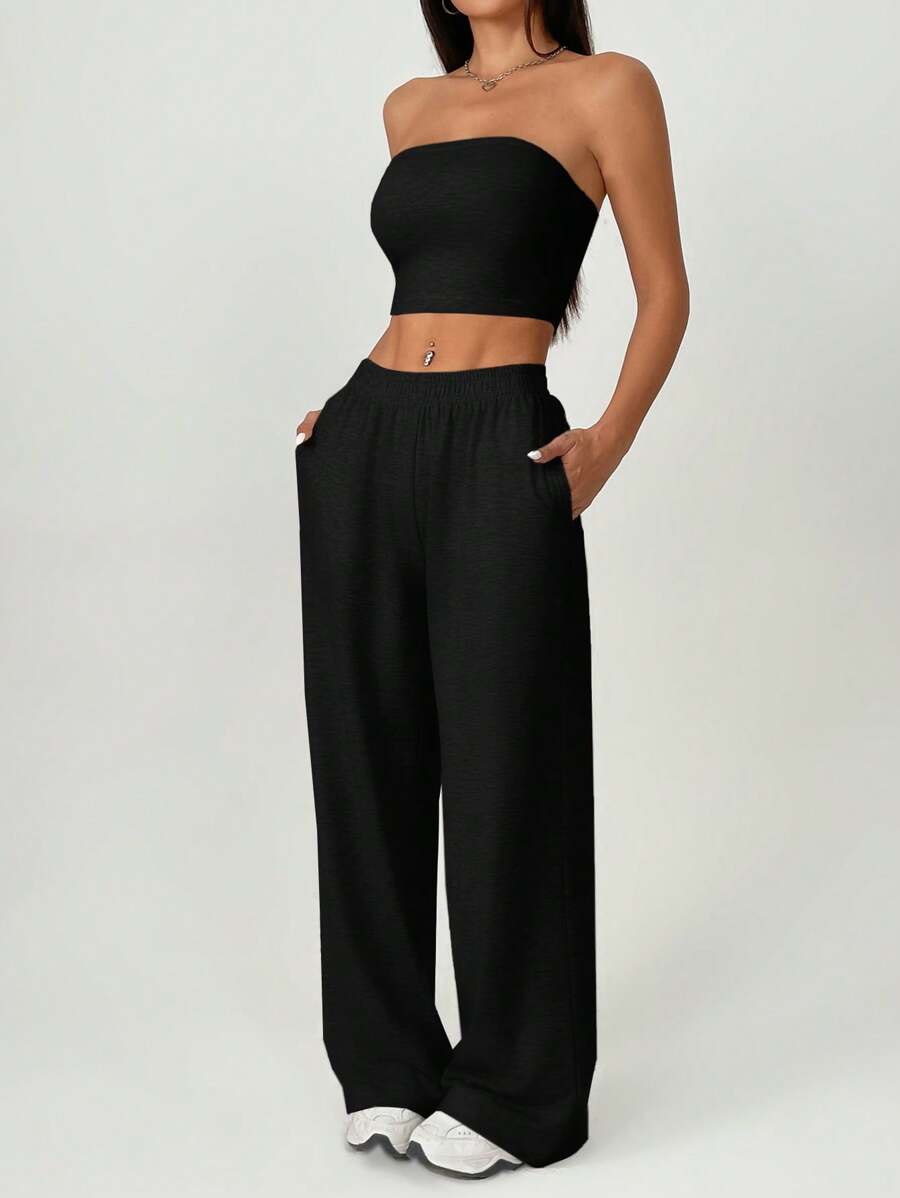 SHEIN PETITE 女士黑色两件套：休闲抹胸和阔腿裤套装，度假装女士 - 黑色 - 查看 1