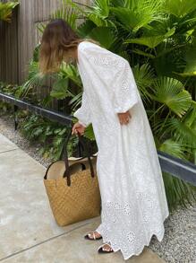 Livesso Einfarbiges Jacquard-Kleid im lässigen Boho-Stil mit V-Ausschnitt und Langarm für Frauen, Herbst, Lehreroutfits