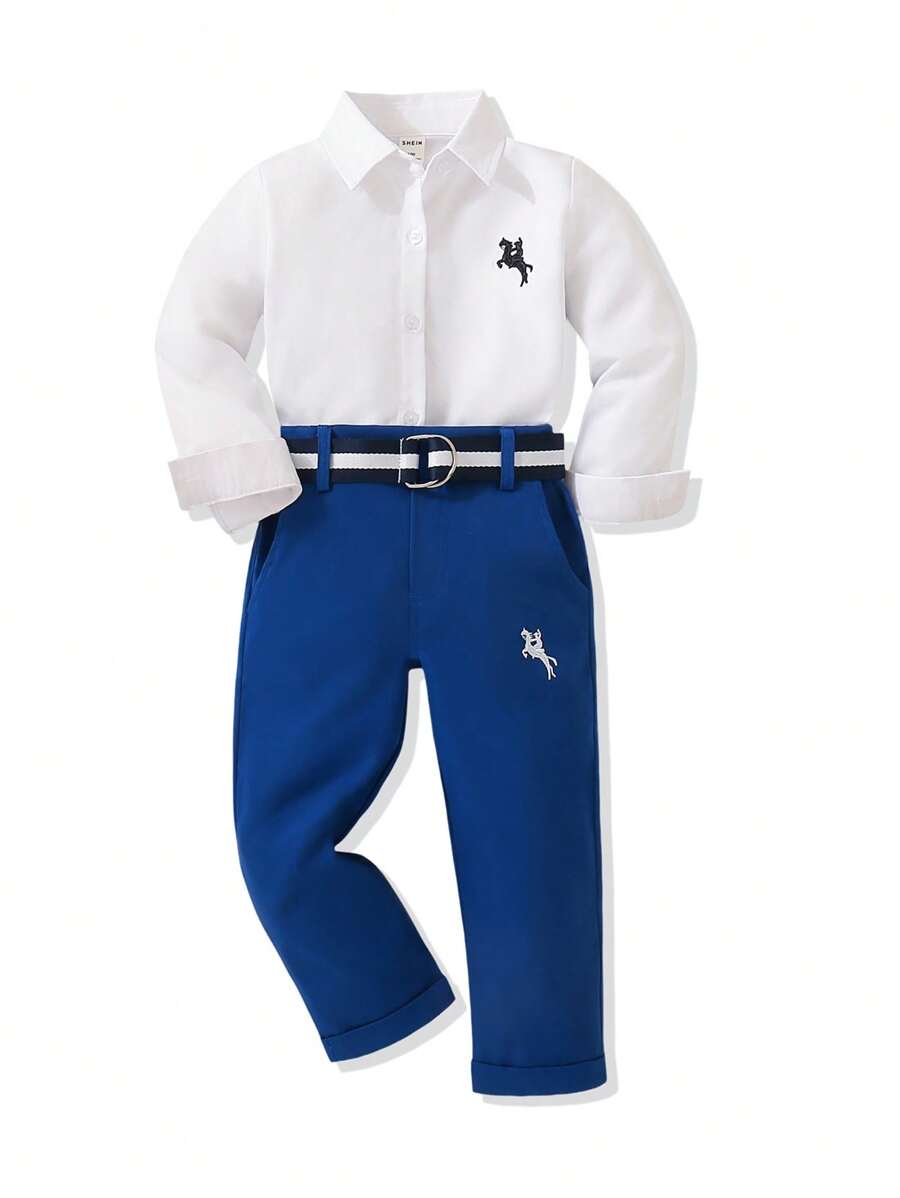 SHEIN 2件套男童刺绣细节长袖衬衫和裤子绅士西装套装 - 藍色 - 查看 1