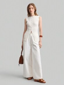 Ontre High Quality Women Knitted Vest Top, Ribbed Texture, Sleeveless Boat Neck Design, Shell Buttons, Casual Urban Style Spring Apparel - Apricot - View 4