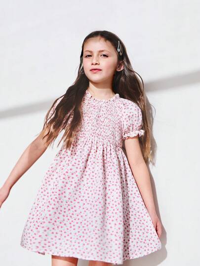 SHEIN Young Girls Elastic Off Shoulder Puff Sleeve Loose Flared Ditsy Floral Dresses