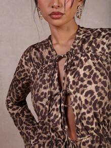 COSMINA Women Leopard Print Long Sleeve Front-Tie Shirt - Multicolor - View 7