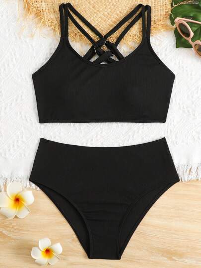 SHEIN Teen Girls' Solid Criss-Cross Back Casual Bikini Set, Suitable For Beach & Vacation