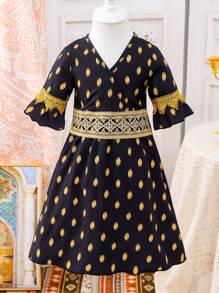 SHEIN 女童高贵 V 领黑色和金色波尔卡圆点蕾丝花边腰部收腰中长连衣裙，日常穿着兄弟姐妹装套装（单独出售，3 件） - 彩色 - 查看 3