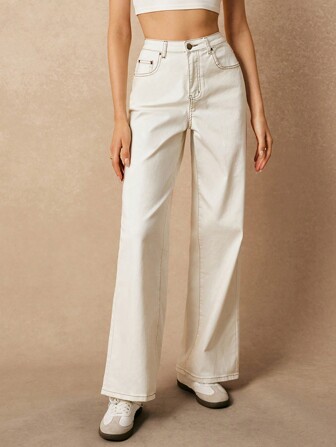 Poéselle 女式简约前扣口袋牛仔裤、白色牛仔裤、女式牛仔裤、女式裤子、女式宽松牛仔裤、高腰牛仔裤、日常休闲装