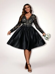 SHEIN Belle Plus Size Women V-Neck Lace Long Sleeve A-Line Back To School Party Dress - Black - View 6