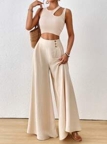 SoleilVie Fall Women Clothes Women's High Waist Button Detail Pleated Wide Leg Pants - Apricot - View 3