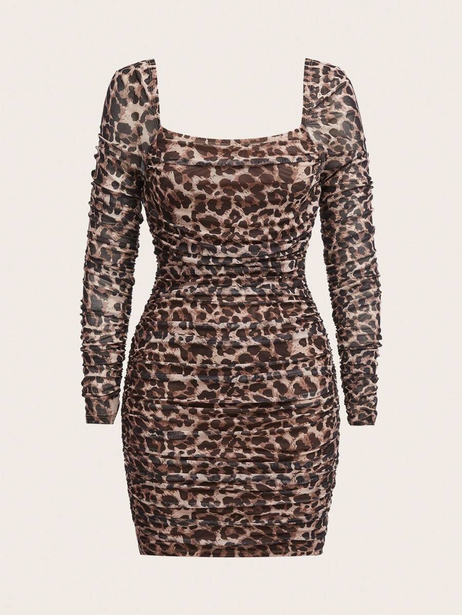 SHEIN VCAY 针织网眼豹纹方领长袖修身迷你连衣裙，适合女士春夏装、夏装、情人节、女士度假装、女士沙滩装、节日、浪漫优雅服装、波西米亚风、波西米亚风、甜美、狂欢节装扮、热带度假女装、狂欢节 - 棕色 - 查看 1