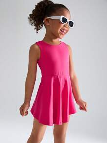 SHEIN Îmbrăcăminte de sport pentru fete tinere, tricot, roz, fără mâneci, și set de rochii simple, casual, de culoare uni