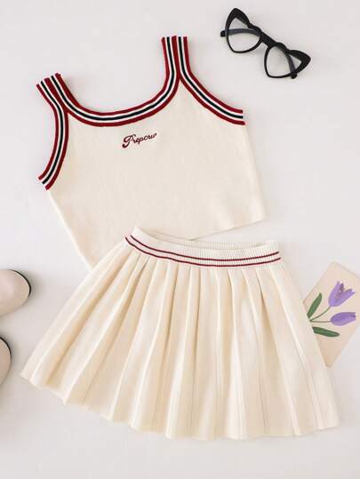 PrepCrw 年轻女孩休闲甜美象牙色针织套装，圆领毛衣和针织裤，春夏