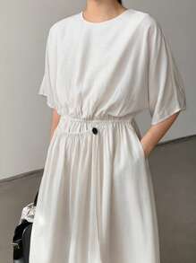 Dazy-Less Lässiges, geschäftsmäßiges, locker designtes asymmetrisches Knopf-Taille Midi-Kleid für Frauen, Outfit für Lehrerinnen