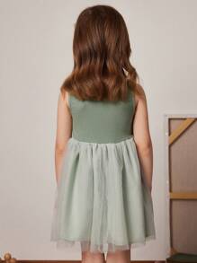 PrepCrw Vestido de punto verde con malla de contraste, estilo academia, para niñas, primavera/verano