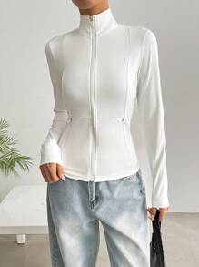 Muchica Women's White Long Sleeve Zip-Up Casual Jacket