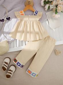 2 Stücke/Set Baby Mädchen Frühling & Sommer Urlaubsstil Volant Dekor ärmelloses Top & Blumen Stickerei Dekor Hose