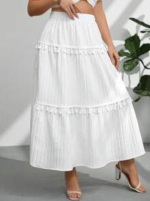 SHEIN Privé Plus Size White Maxi Skirt: Bohemian Tassel Trimmed Long Summer Skirt For Women - White - View 4