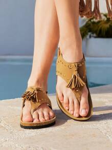 Styleloop Women's New Brown Rivet Tassel Decor Back Strap Thong Soft Cork Sandals, Luxury Fashion Versatile Casual Beach Retro Boho Style Lightweight Outdoor Holiday Flat Sandals - Brown - View 4