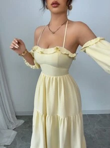 Rafferiza Vestido largo con abertura alta, cintura ceñida, mangas abullonadas, volantes en el bajo, de tela con textura arrugada y parches, versátil y de moda para vacaciones, sin tirantes y con nudo - Amarillo - Ver 5