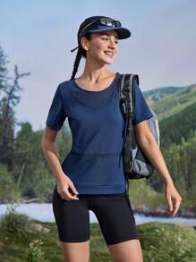 Solid Color Mesh Splice Short Sleeve Sports Fitness T-Shirt - Blue - View 3