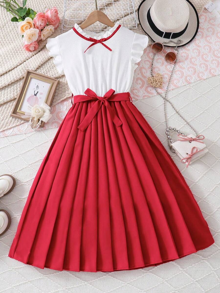Tween Girl Elegant Waist Cinch A-Line Full Pleated Dress, Pink & White Color Block, Suitable For Party,Holiday Summer Travel - Red - View 1