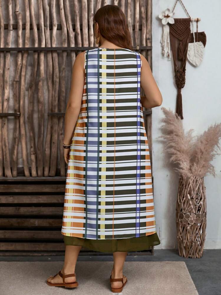 Plus Size Women Striped Round Neck Sleeveless Casual Dress