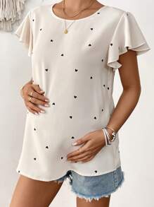 SHEIN Maternity Heart Print Ruffle Trim Casual Vacation Shirt - Apricot - View 3