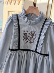 Blossori Young Girls Dresses: Elegant Blue Woven Embroidered Ruffle Collar Dress, Spring/Summer - Blue - View 3