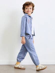 SHEIN Setelan Jaket Denim Saku Bergambar Potret Anak Laki-Laki dan Celana Jeans Pinggang Elastis, Kasual untuk Musim Semi dan Musim Dingin - Biru - View 3