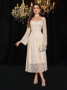 Modelyn Women's Elegant French Vintage Lace Fabric Square Neck Backless A-Line Long Sleeve Dress Fall Cloth For Women - Apricot - View 6