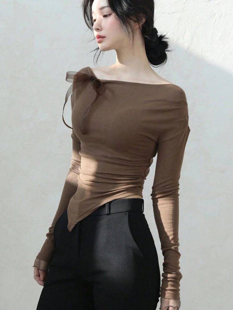 Women's Off Shoulder Asymmetrical Hemline Organza Bow T-Shirt Long Sleeve Women Tops,Fall Women Clothes