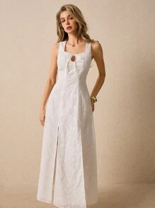 Poéselle 优雅刺绣无袖开叉连衣裙，女士夏季服装，女士度假服装，女士夏季连衣裙，夏季连衣裙 - 白色 - 查看 6