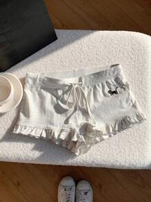 Comfortcana Women Summer Cat Print Frill Trim Belted Shorts - Grey - View 8