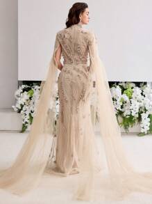 MOTF Soiréza ELEGANTE VESTIDO DE GALA DE NOCHE CON MANGAS EXTRA LARGAS, APLICACIONES FLORALES, ABERTURA EN EL MUSLO Y APLICACIONES DE CUENTAS