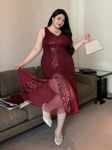 Dazy Plus Plus Size V-Neck Elastic Patchwork Net Yarn Cocktail Party Burgundy Dress, Spring/Summer Prom Dress Sundress Wedding Women Dresses Elegant Women Dresses Carnival - Burgundy - View 1