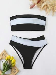 Swim Vcay Color Block Two-Piece Bikini Swimwear Set For Beach Summer Vacation