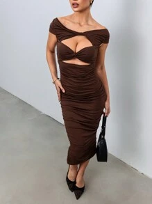 Chiquease Women's Hollow Out Ruched Twist Design Bodycon Elegant Maxi Dress - Brown - View 1
