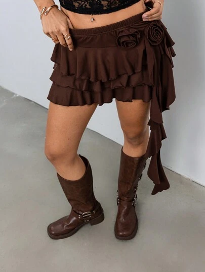 Chiquease Pantalones anchos y con volantes de 3 niveles, de cintura alta, con detalles de flor decorativa y flecos ultralargoselaborado con un diseño elegante y estiloso para mujer