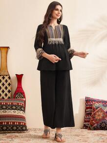 SHEIN Maternity Patchwork Strap 3/4 Sleeve V-Neck Top And Wide Leg Pants 2 Pieces Loose Set - Black - View 6