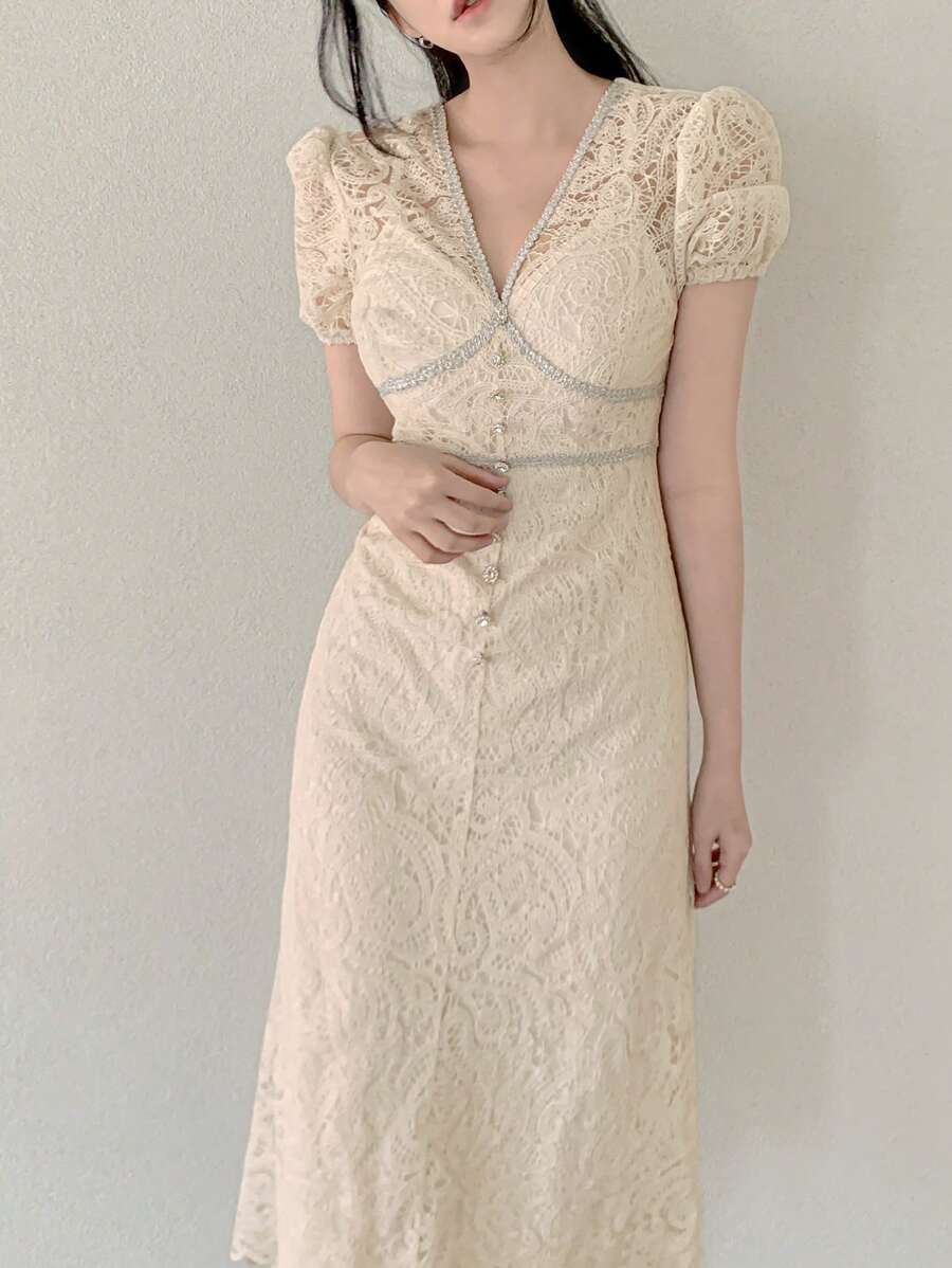 DAZY 女士蕾丝镶钻吊带拼接中长连衣裙 夏季舞会礼服 长款连衣裙 - 米色 - 查看 1