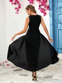 SHEIN Clasi Mono de mujer elegante de verano sin mangas con parche en contraste verde en la cintura, fluido y apropiado para usar en varias ocasiones