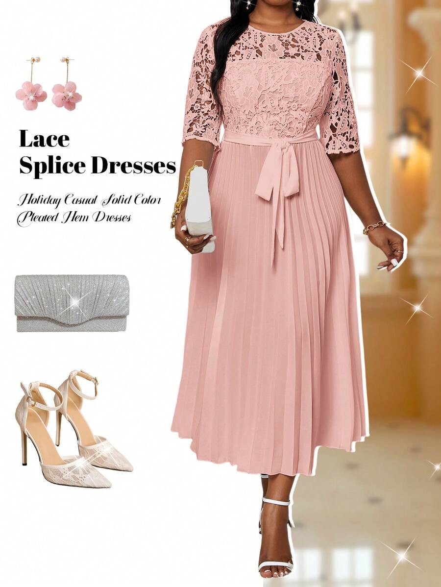 Fleurora Plus Size Holiday Casual Solid Color Lace Splice Empire Waist Pleated Hem Summer Dress Fall Women Clothes Fall Women Dresses