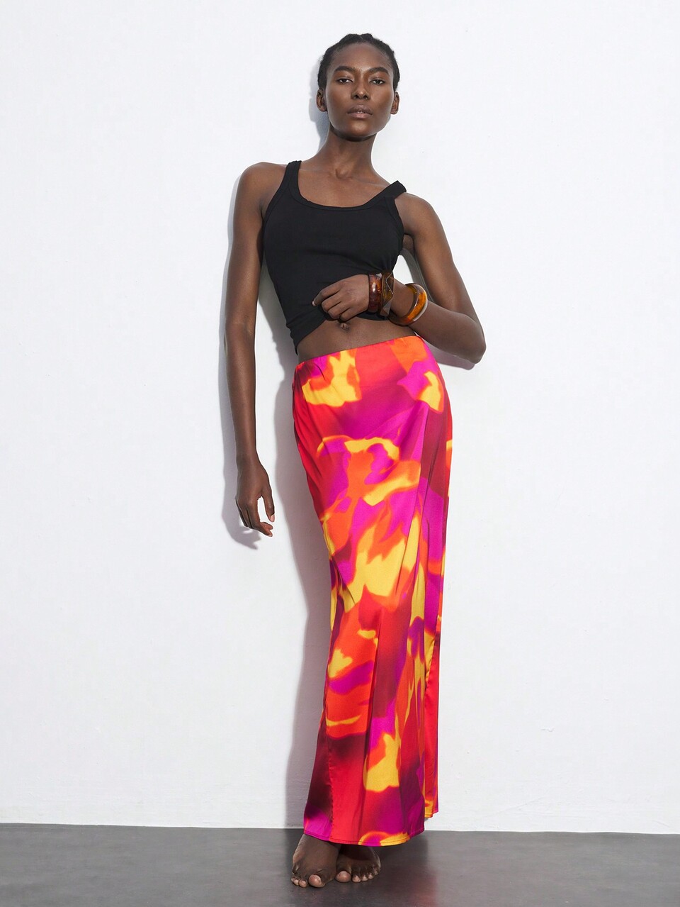 SHEIN Maija Women's Casual Long Woven Fabric Skirt With Vibrant Multicolor Print And Zipper Detail