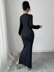Modelyn Đầm dài tay dài đính sequin cổ vuông cho nữ - màu đen - Xem 5