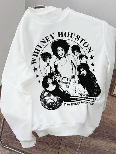Whitney Houston X SHEIN Sudadera holgada de cuello redondo con gráfico de figura para mujer, sudadera casual diaria con estampado de marca de agua para primavera