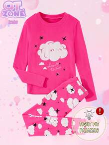 2pcs Tween Girls Cloud Print Casual Snug Fit Long Sleeve Top And Pants Pajamas Set