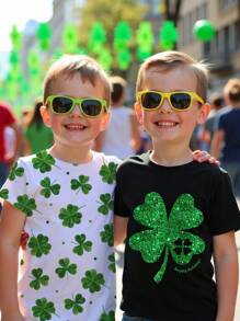 SHEIN 2 件套年轻男孩四叶草圣帕特里克节印花 T 恤，圆领短袖针织，休闲日常百搭图案 T 恤，春夏季，适合外出、家居服、圣帕特里克节、拍照 - 綠色 - 查看 1